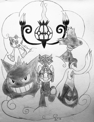 Size: 3024x3936 | Tagged: safe, artist:starkcontrast, oc, oc:alpine dawn, ghost, unicorn, chandelure, clothes, costume, crossover, drawing, froslass, gengar, gourgeist, halloween, halloween costume, hex maniac, holiday, mismagius, pokéball, pokémon, sableye, traditional art