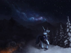 Size: 3671x2717 | Tagged: safe, artist:koviry, oc, oc only, oc:flint, pony, unicorn, forest, galaxy, mountain, mountain range, night, scenery, snow, solo, stars, winter