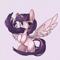 Size: 640x640 | Tagged: safe, artist:kinda-l, twilight sparkle, twilight sparkle (alicorn), alicorn, pony, female, mare, missing cutie mark, purple background, simple background, solo, spread wings, wings