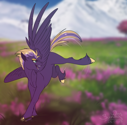 Size: 1016x1000 | Tagged: safe, artist:sunny way, oc, pegasus, pony, feather, female, flower, fun, happy, mare, mountain, open mouth, solo, wings