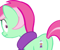 Size: 645x541 | Tagged: safe, edit, edited screencap, screencap, minty bubblegum, pony, unicorn, best gift ever, background removed, butt, clothes, female, funny face, not a vector, plot, scarf, simple background, solo, transparent background