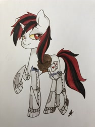 Size: 3024x4032 | Tagged: safe, artist:katyusha, oc, oc only, oc:blackjack, cyborg, pony, unicorn, fallout equestria, fallout equestria: project horizons, augmented, cutie mark, cyber legs, cyber pony, fanfic, fanfic art, female, hooves, horn, level 1 (project horizons), mare, raised hoof, robot legs, saddle bag, simple background, solo, traditional art, white background