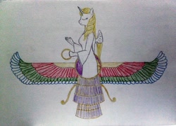 Size: 4160x3000 | Tagged: safe, artist:mildgyth, oc, oc only, oc:bonniecorn, anthro, ahura mazda, clothes, dress, eyes closed, faravahar, flag, open-back dress, religion, solo, traditional art, two toned wings, wings, ziragshabdarverse, zoroastrianism