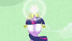 Size: 1280x721 | Tagged: safe, screencap, twilight sparkle, pony, the return of harmony, big crown thingy, element of magic, female, glowing eyes, green sky, jewelry, mare, regalia, solo