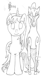 Size: 606x1122 | Tagged: safe, artist:parclytaxel, oc, oc only, oc:parcly taxel, oc:spindle, alicorn, pony, windigo, series:nightliner, alicorn oc, female, looking at you, mare, monochrome, patreon, pencil drawing, sketch, smiling, traditional art, windigo oc