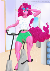 Size: 1024x1451 | Tagged: safe, artist:yoye-wolfgrel, pinkie pie, anthro, unguligrade anthro, belly button, breasts, exercise machine