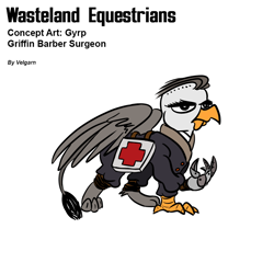 Size: 800x800 | Tagged: safe, artist:velgarn, oc, griffon, fallout equestria, barber surgeon, clothes, combat medic, concept art, first aid kit, german, male, military, military haircut, pen and paper rpg, reinforced claw, simple background, solo, uniform, wasteland equestrians, white background