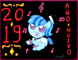 Size: 1021x783 | Tagged: safe, artist:rammzblood, sonata dusk, pony, equestria girls ponified, female, filly, happy new year, happy new year 2019, hat, holiday, music notes, ponified, solo, spanish, top hat, younger