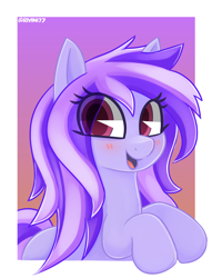 Size: 3050x4000 | Tagged: safe, artist:rivin177, oc, oc:aegis shield, earth pony, pony, blushing, commission, cute, female, mare, open mouth, purple, smiling, solo