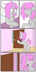 Size: 632x1264 | Tagged: safe, artist:fajnyziomal, oc, oc only, oc:purple light, pony, unicorn, comic:świstek, cheek fluff, chest fluff, comic, door, female, knocking, mare, smiling, solo