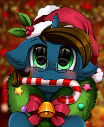 Size: 1446x1764 | Tagged: safe, artist:pridark, oc, oc only, pony, unicorn, bell, blushing, candy, candy cane, christmas, commission, cute, food, glasses, hat, holiday, mouth hold, ocbetes, pridark's christmas ponies, santa hat, solo, wreath, ych result