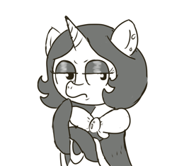 Size: 640x600 | Tagged: safe, artist:ficficponyfic, oc, oc only, oc:joyride, unicorn, adult, bowtie, clothes, colt quest, cutie mark, cyoa, ear piercing, eyeshadow, female, frown, horn, mage, makeup, mantle, mare, monochrome, piercing, solo, thinking