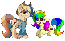 Size: 1117x715 | Tagged: safe, artist:rainbowtashie, braeburn, oc, oc:rainbow tashie, oc:spicy cider, earth pony, pegasus, pony, clothes, commissioner:bigonionbean, cowboy hat, cutie mark, female, fusion, fusion:spicy cider, hat, heart eyes, jumpsuit, male, mare, nintendo 64, stallion, tongue out, wind waker (character), wingding eyes, writer:bigonionbean