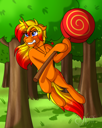 Size: 2900x3600 | Tagged: safe, artist:jack-pie, oc, oc:sugar rush, unicorn, candy, commission, female, food, forest, grass, high res, lollipop, scenery, solo