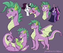 Size: 1024x864 | Tagged: safe, artist:minnobyy, derpibooru import, rarity, spike, twilight sparkle, oc, oc:serpentine, dracony, dragon, hybrid, pony, unicorn, father and child, father and daughter, female, interspecies offspring, male, offspring, older, older spike, parent and child, parent:rarity, parent:spike, parents:sparity, purple background, shipping, simple background, sparity, straight, winged spike