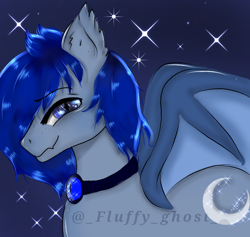 Size: 768x728 | Tagged: safe, artist:fluffychan, oc, oc only, oc:stelkhavolk, bat pony, pony, :3, bat pony oc, cute, freckles, jewelry, lunar guardian, male, necklace, sapphire, stallion, stars