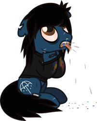 Size: 948x1179 | Tagged: safe, artist:lightningbolt, derpibooru exclusive, earth pony, pony, undead, zombie, zombie pony, .svg available, bags under eyes, blood, blood stains, bloodshot eyes, bone, bring me the horizon, choking, colored pupils, colored sclera, coughing, coughing up blood, dripping blood, drop dead clothing, fangs, floppy ears, grabbing throat, hoof on neck, lip piercing, long sleeves, oliver sykes, open mouth, piercing, ponified, rainbow blood, scar, simple background, sitting, stitches, svg, tattoo, tongue out, torn ear, transparent background, vector