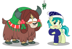 Size: 1920x1332 | Tagged: safe, artist:aleximusprime, sandbar, yona, earth pony, pony, yak, blushing, christmas, cute, female, holiday, imminent kissing, male, mistletoe, sandabetes, shipping, simple background, straight, this will end in kisses, transparent background, yonabar, yonadorable