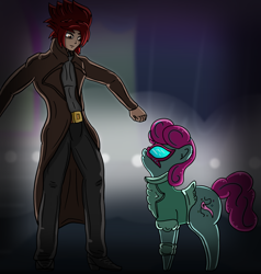 Size: 5700x6000 | Tagged: safe, artist:crimsonsky, oc, oc:glitter frock, human, pony, clothes, duo, duster, fanfic art, female, glasses, jacket, male, mare, smiling