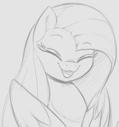 Size: 694x742 | Tagged: safe, artist:tre, fluttershy, pegasus, pony, bust, cute, eyes closed, female, gray background, grayscale, mare, monochrome, open mouth, raised eyebrows, shyabetes, simple background, sketch, smiling, solo, wings