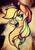 Size: 2080x2968 | Tagged: safe, artist:mlplmaster, derpibooru import, applejack, earth pony, pony, abstract background, applejack's hat, bust, cowboy hat, female, freckles, hair over one eye, hair tie, hat, mare, open mouth, solo, traditional art