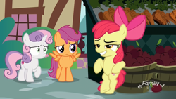 Size: 1920x1080 | Tagged: safe, screencap, apple bloom, scootaloo, sweetie belle, earth pony, pegasus, pony, unicorn, the big mac question, apple, basket, bipedal, bipedal leaning, bushel basket, carrot, casual, confused, cutie mark crusaders, fake smile, female, filly, food, forced smile, leaning, market, raised eyebrow, raised hoof, shrunken pupils, smiling, spread wings, wide eyes, wings