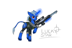 Size: 1500x1000 | Tagged: safe, anonymous artist, oc, oc:lucky star (xponi), pony, unicorn, fanfic:xponi, fanfic art, female, leonine tail, red eyes, simple background, solo, weapon, x-com, xcom: enemy unknown