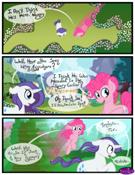 Size: 3500x4500 | Tagged: safe, artist:becauseimpink, bubble berry, elusive, pinkie pie, rarity, earth pony, pony, unicorn, comic:transition, comic, dialogue, flower, motion blur, pronking, rule 63, running, transgender, tree