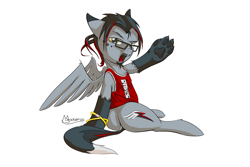 Size: 6000x4000 | Tagged: safe, alternate version, artist:madgehog, color edit, oc, pegasus, pony, butt, colored, glasses, happy, looking at you, male, paws, plot, simple background, stallion, underpaw, white background, wings