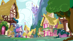 Size: 5120x2880 | Tagged: safe, artist:ronald rose, background, canterlot castle, cloud, flower, hill, house, no pony, partly cloudy, ponyville, road, tree, well