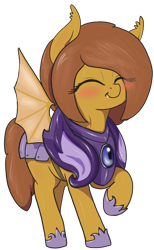 Size: 632x1028 | Tagged: safe, artist:t72b, derpibooru exclusive, oc, oc only, bat pony, pony, 2020 community collab, armor, bat pony oc, blushing, cute, cute little fangs, derpibooru community collaboration, eyes closed, fangs, female, guard, guardsmare, hoof shoes, mare, night guard, night guard armor, ocbetes, raised hoof, simple background, smiling, solo, transparent background