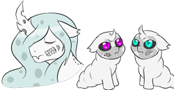 Size: 2916x1512 | Tagged: safe, artist:jolliapplegirl, oc, oc only, changeling, original species, pony, albino, albino changeling, bite mark, black sclera, changeling oc, deformed horn, exposed teeth, foal, grub, sharp teeth, teeth