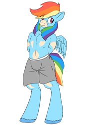 Size: 2480x3507 | Tagged: safe, artist:mcsplosion, rainbow dash, anthro, fanfic:five score divided by four, arm behind back, boxers, clothes, fanfic art, female, human to pony, solo, transformation, transgender transformation, underwear, unshorn fetlocks
