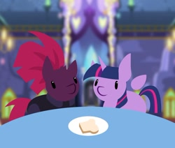 Size: 872x741 | Tagged: safe, artist:lil miss jay, tempest shadow, twilight sparkle, twilight sparkle (alicorn), alicorn, pony, unicorn, bread, broken horn, chibi, floating wings, food, horn, plate, table, toast, twilight's castle, wings