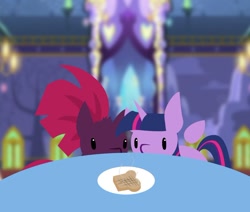 Size: 872x741 | Tagged: safe, artist:lil miss jay, tempest shadow, twilight sparkle, twilight sparkle (alicorn), alicorn, pony, unicorn, bread, broken horn, chibi, female, floating wings, food, horn, plate, smoke, table, toast, twilight's castle, wings