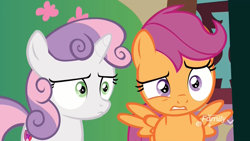 Size: 1920x1080 | Tagged: safe, screencap, scootaloo, sweetie belle, pegasus, pony, unicorn, the big mac question, confused, duo, female, filly, furrowed brow, grimace, gritted teeth, raised eyebrow, reaction image, spread wings, varying degrees of do not want, what has been seen, wings