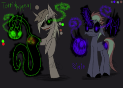 Size: 1385x985 | Tagged: safe, artist:didun850, applejack, oc, oc:valkyr, earth pony, pony, unicorn, amputee, colored hooves, dark background, female, glowing eyes, glowing horn, grin, hat, horn, mare, possessed, raised hoof, reference sheet, shadow pony, smiling, sombra eyes