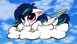 Size: 3910x2234 | Tagged: safe, artist:airfly-pony, oc, oc:lilly flame, cloud, cute, female, filly, ocbetes, on a cloud, patreon, patreon reward, sky, solo