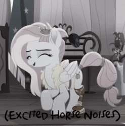 Size: 266x269 | Tagged: safe, edit, edited screencap, screencap, kerfuffle, pegasus, pony, rainbow roadtrip, amputee, animated, caption, cropped, cute, daaaaaaaaaaaw, dancing, descriptive noise, excited, eyes closed, fashion, female, fufflebetes, gif, happy, hnnng, horse noises, jumping, kerfuffle shuffle, mare, picture for breezies, prosthetic leg, prosthetic limb, prosthetics, solo, trotting, trotting in place, weapons-grade cute