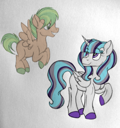 Size: 2345x2500 | Tagged: safe, artist:thr3eguess3s, oc, oc only, oc:phantomwise, oc:summer pine, alicorn, ghost, pegasus, pony, blank flank, colored hooves, colt, duo, female, filly, magical lesbian spawn, male, offspring, parent:trixie, parent:twilight sparkle, parents:twixie, simple background, white background