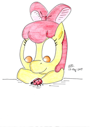 Size: 2477x3500 | Tagged: safe, artist:gafelpoez, apple bloom, ladybug, pony, charly garcia, smiling