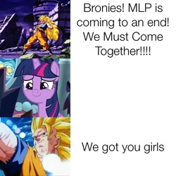 Size: 710x710 | Tagged: safe, screencap, twilight sparkle, twilight sparkle (alicorn), alicorn, pony, bronybait, clothes, crying, destroyed building, dragon ball z, end of ponies, female, goku, lens flare, male, mare, meme, positive ponies, proud, super saiyan 3, torn clothes, triumphant, wrath of the dragon