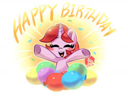 Size: 1600x1200 | Tagged: safe, artist:colorfulcolor233, pinkie pie, oc, oc:dawnfire, earth pony, pony, unicorn, blush sticker, blushing, eyes closed, happy birthday, open mouth, solo