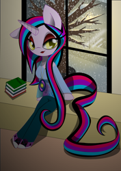 Size: 744x1052 | Tagged: safe, artist:auroraswirls, oc, oc only, oc:nebula nova, anthro, unguligrade anthro, unicorn, book, clothes, eyelashes, eyeliner, female, horn, jewelry, lamppost, lidded eyes, lipstick, makeup, necklace, shoes, sitting, snow, solo, tree, unicorn oc