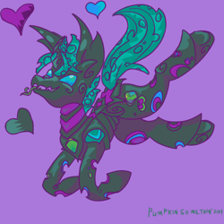 Size: 500x500 | Tagged: safe, artist:pumpkin-somethin-art, changeling, floating heart, heart, jumping, solo