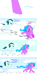 Size: 630x1300 | Tagged: safe, artist:auroraswirls, oc, oc only, alicorn, pony, unicorn, comic:tainted hearts, angry, colt, comic, female, filly, gritted teeth, hoofprints, horn, looking back, male, running, snow, unicorn oc