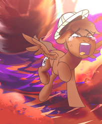 Size: 3200x3900 | Tagged: safe, artist:dodo, oc, oc only, oc:archipelago, pegasus, pony, adventure, boulder, crying, hat, indiana jones, running, running away, screaming, spread wings