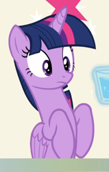 Size: 472x740 | Tagged: safe, screencap, twilight sparkle, twilight sparkle (alicorn), alicorn, the beginning of the end, cropped, glass of water, sitting, sitting up, solo