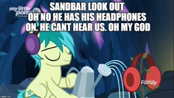Size: 889x500 | Tagged: safe, edit, edited screencap, screencap, sandbar, pony, uprooted, discovery family logo, earmuffs, eyes closed, headphones, meme, plant, sapling, solo, squidward the truck's coming, watering can