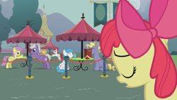 Size: 1280x720 | Tagged: safe, screencap, apple bloom, carrot top, golden harvest, lightning bolt, parasol, ponet, silver script, white lightning, earth pony, pegasus, pony, unicorn, hearts and hooves day (episode), background pony, banner, blushing, cup, date, eyes closed, female, filly, hearts and hooves day, male, mare, menu, ponyville, reading, sitting, stallion, straight, straw, strawberry cream, umbrella